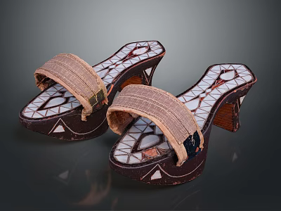 Stylish Women's High Heel Sandals with Woven Beige Straps and Geometric Patterned Brown Soles 3d model