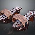 Stylish Women's High Heel Sandals with Woven Beige Straps and Geometric Patterned Brown Soles