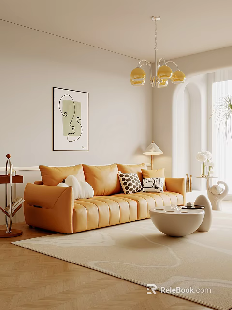 Modern Living Room Interior Design With Orange Leather Sofa Abstract Wall Art And Gold Chandelier 3d model 