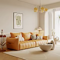 Modern Living Room Interior Design With Orange Leather Sofa Abstract Wall Art And Gold Chandelier