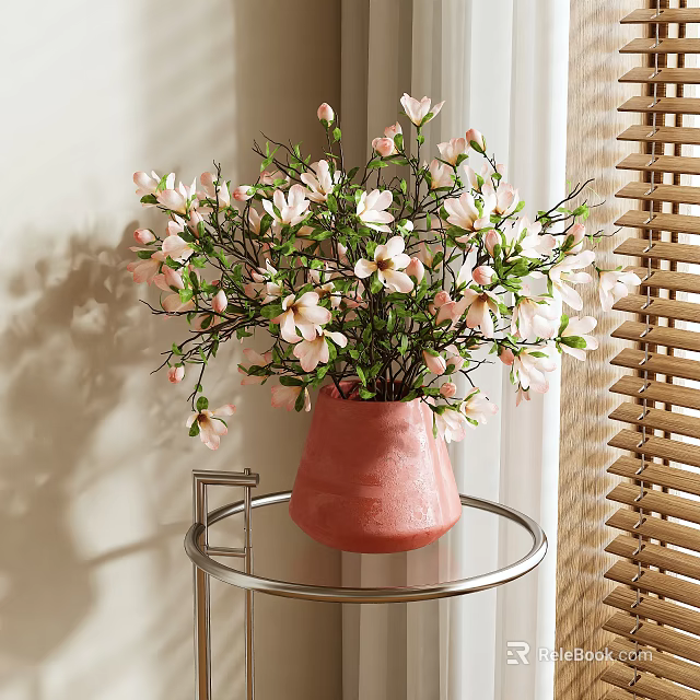 Pink Vase With Pink And White Flowers On Metal Table By Window With Wooden Blinds 3d model 