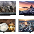 Smart TV with 4K Ultra HD Display Showing Stunning City Mountain and Glacier Landscapes