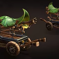 Traditional Handcrafted Wooden Cart With Green Leaf Shaped Canopy And Spoked Wheels
