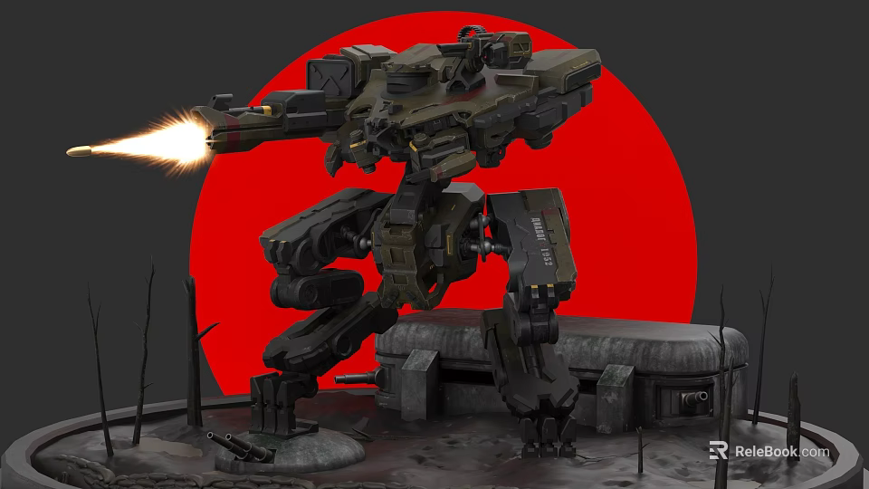 Mechanical Industrial Battle Robot With Firing Flame Weapon In Ruined Red Sun Landscape 3d model 