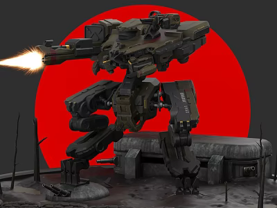 Mechanical Industrial Battle Robot With Firing Flame Weapon In Ruined Red Sun Landscape 3d model