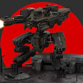 Mechanical Industrial Battle Robot With Firing Flame Weapon In Ruined Red Sun Landscape