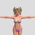 Woman in Striped Bikini with Pigtails Standing Full Body Pose Arms Outstretched