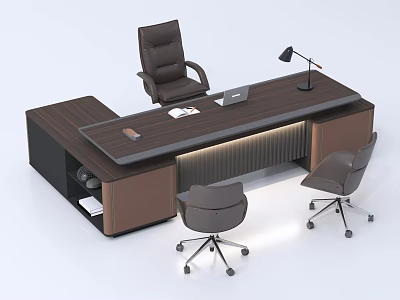 Modern Executive Office Desk With Dark Wood Finish Laptop Desk Lamp And Swivel Chairs 3d model