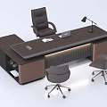 Modern Executive Office Desk With Dark Wood Finish Laptop Desk Lamp And Swivel Chairs