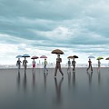 Umbrella People Rainy Days Umbrella Crowd Street Lights Many People 3d model