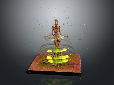 Skeleton Figure Surrounded by Glowing Circular Rings and Green Particles on Square Platform 3d model