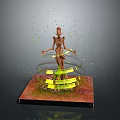 Skeleton Figure Surrounded by Glowing Circular Rings and Green Particles on Square Platform