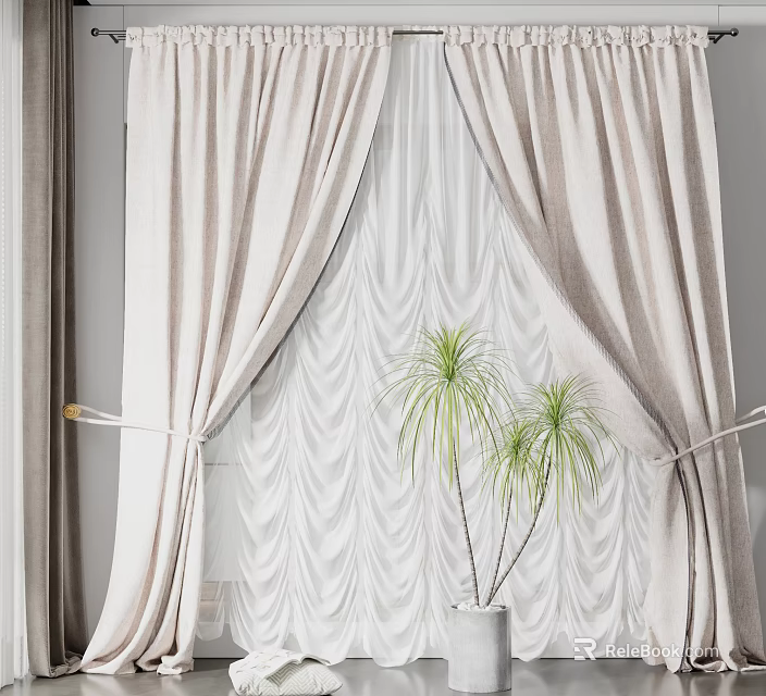 Elegant Beige Curtains With White Sheer Wavy Pattern And Potted Palm Plants 3d model 