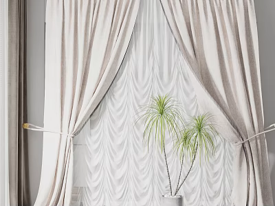 Elegant Beige Curtains With White Sheer Wavy Pattern And Potted Palm Plants 3d model