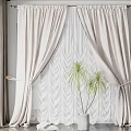 Elegant Beige Curtains With White Sheer Wavy Pattern And Potted Palm Plants