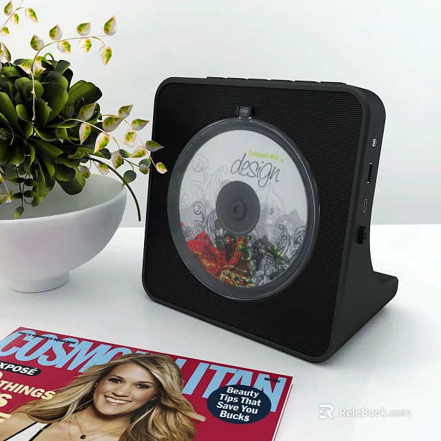 Modern Headphone Speaker with CD Player Green Plant and Fashion Magazine on White Table 3d model 