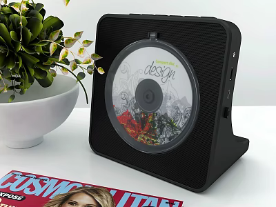 Modern Headphone Speaker with CD Player Green Plant and Fashion Magazine on White Table 3d model