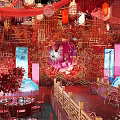 Chinese Style Banquet Hall With Red Decor Lanterns Flowers Chandeliers And Traditional Patterns