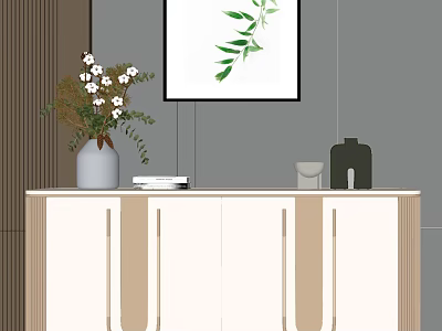 Modern Minimalist Entryway Cabinet Sideboard With Vase Flowers And Green Leaf Painting 3d model