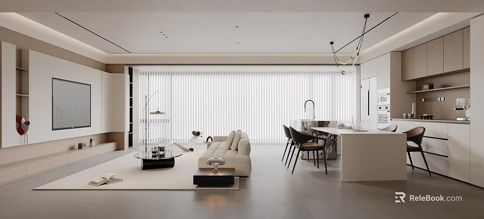 Modern Living Dining Interior Design With Sofa Coffee Table Dining Table And Window Blinds 3d model 