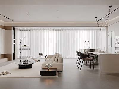Modern Living Dining Interior Design With Sofa Coffee Table Dining Table And Window Blinds 3d model