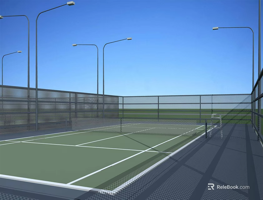 Outdoor Tennis Court With Green Surface White Lines Fences Streetlights And Net For Fitness 3d model 