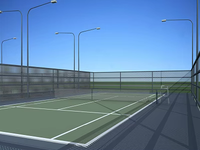 Outdoor Tennis Court With Green Surface White Lines Fences Streetlights And Net For Fitness 3d model