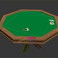 Octagonal Wooden Poker Table With Green Felt Top And Playing Cards Chips