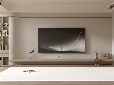 Minimalist TV Background Wall With Light Colored Wall Mounted TV And Bookshelf With Plants 3d model