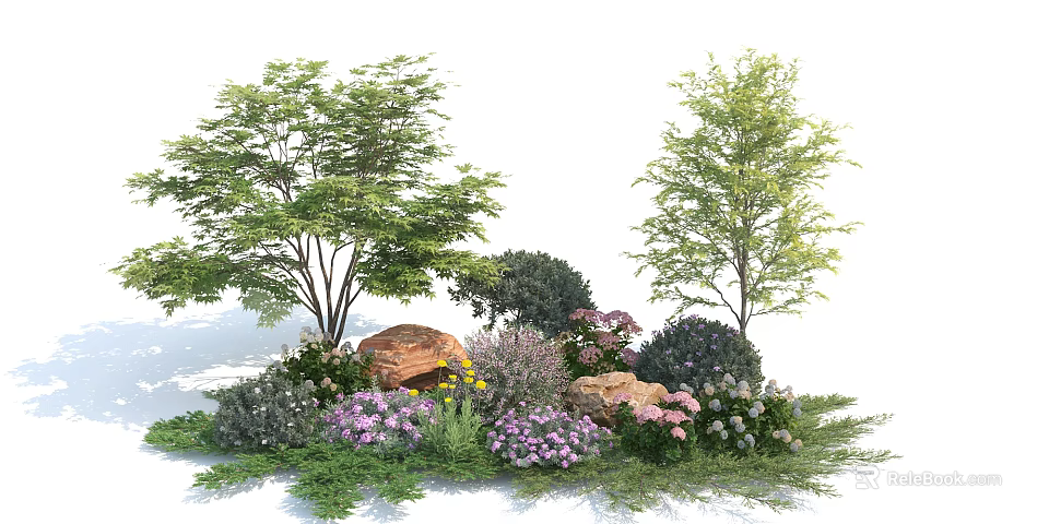 Beautiful Flowering Shrubs With Various Greenery And Rocks In Garden Landscape 3d model 