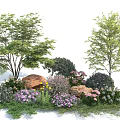 Beautiful Flowering Shrubs With Various Greenery And Rocks In Garden Landscape