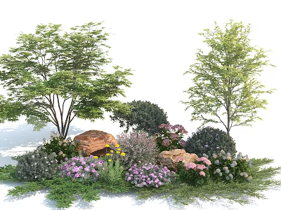 Beautiful Flowering Shrubs With Various Greenery And Rocks In Garden Landscape 3d model
