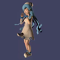 Animated 3D Character With Blue Hair Hat White Blue Dress And Blue Ribbons