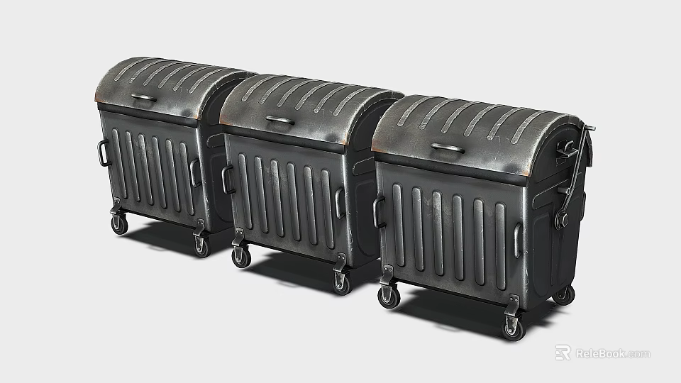 Black Metal Wheeled Trash Bins With Striped Design And Lids Set Of Three 3d model 