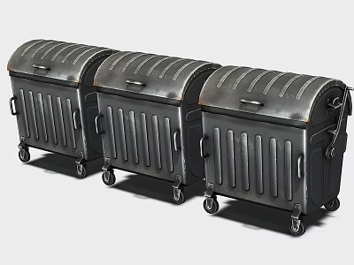 Black Metal Wheeled Trash Bins With Striped Design And Lids Set Of Three 3d model