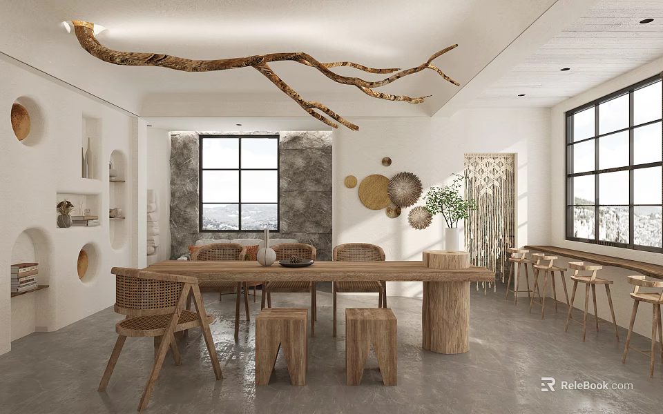 Cozy Restaurant Interior With Wooden Long Table Branch Ceiling Decor Circular Plates And Green Plants 3d model 