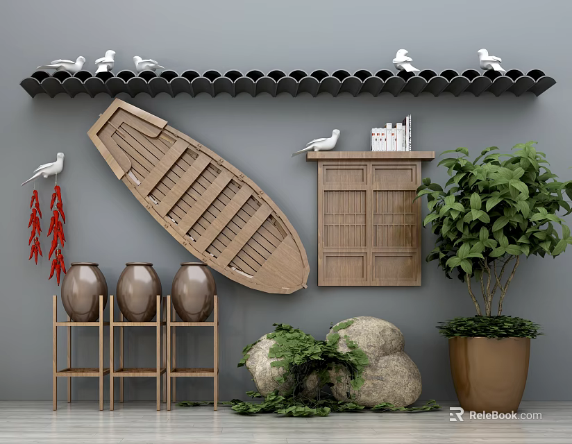 Traditional Chinese Garden Decor with Black Tiled Roof White Birds Wooden Boat and Bamboo Cabinet 3d model 