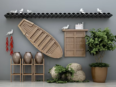 Traditional Chinese Garden Decor with Black Tiled Roof White Birds Wooden Boat and Bamboo Cabinet 3d model