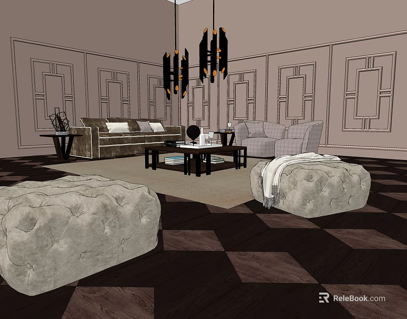 Modern Leather Sofa And Wooden Coffee Table Set With Chandelier Checkerboard Floor And Wall Panels 3d model 