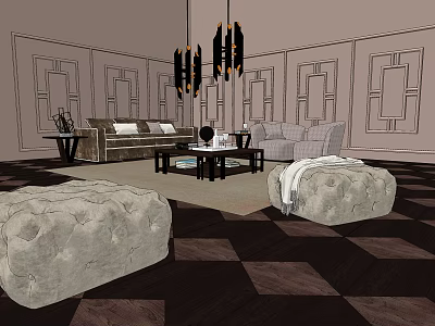 Modern Leather Sofa And Wooden Coffee Table Set With Chandelier Checkerboard Floor And Wall Panels 3d model