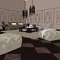 Modern Leather Sofa And Wooden Coffee Table Set With Chandelier Checkerboard Floor And Wall Panels