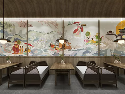 Japanese Restaurant Interior with Traditional Murals Wooden Decor Hanging Lamps and Dining Seats 3d model