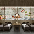 Japanese Restaurant Interior with Traditional Murals Wooden Decor Hanging Lamps and Dining Seats