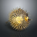 3D Rendered Yellow And Black Pufferfish With Sharp Spines On Dark Background
