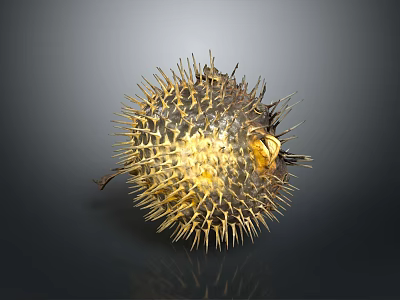 3D Rendered Yellow And Black Pufferfish With Sharp Spines On Dark Background 3d model