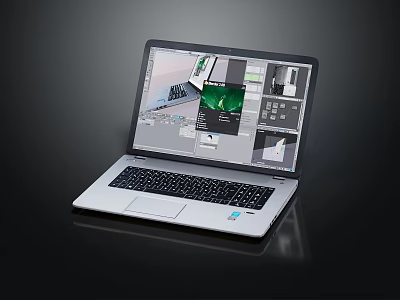 Modern Silver Laptop Displaying Multiple Design Images On Black Reflective Background 3d model