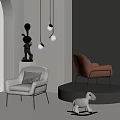 Single Seater Fabric Leather Sofas Gold Legs Checkered Cushion Gray Background White Curtains Hanging Lamps