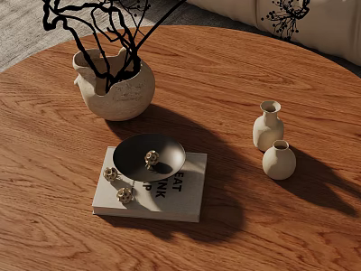Elegant Decorative Ornament Set on Wooden Table with White Vases Book and Black Branches 3d model