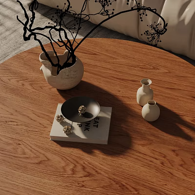 Elegant Decorative Ornament Set on Wooden Table with White Vases Book and Black Branches 3d model