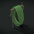 Brass Faucet with Green Coiled Hose on Dark Background and Shadow Detail
